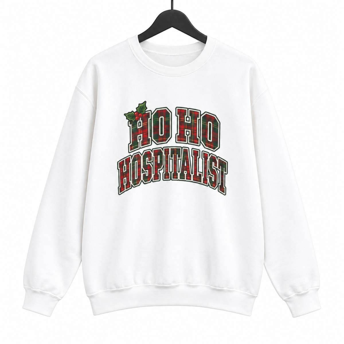 Ho Ho Hospitalist Plaid Sweatshirt on a hanger against a white background