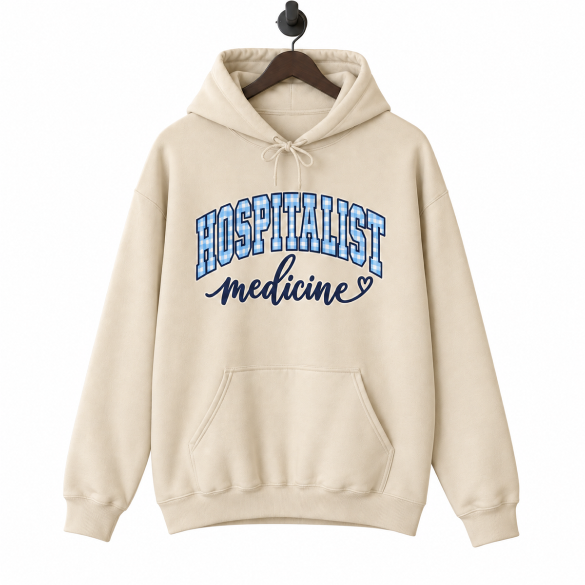 Hospitalist Gingham Hoodie on a hanger against a pure white background
