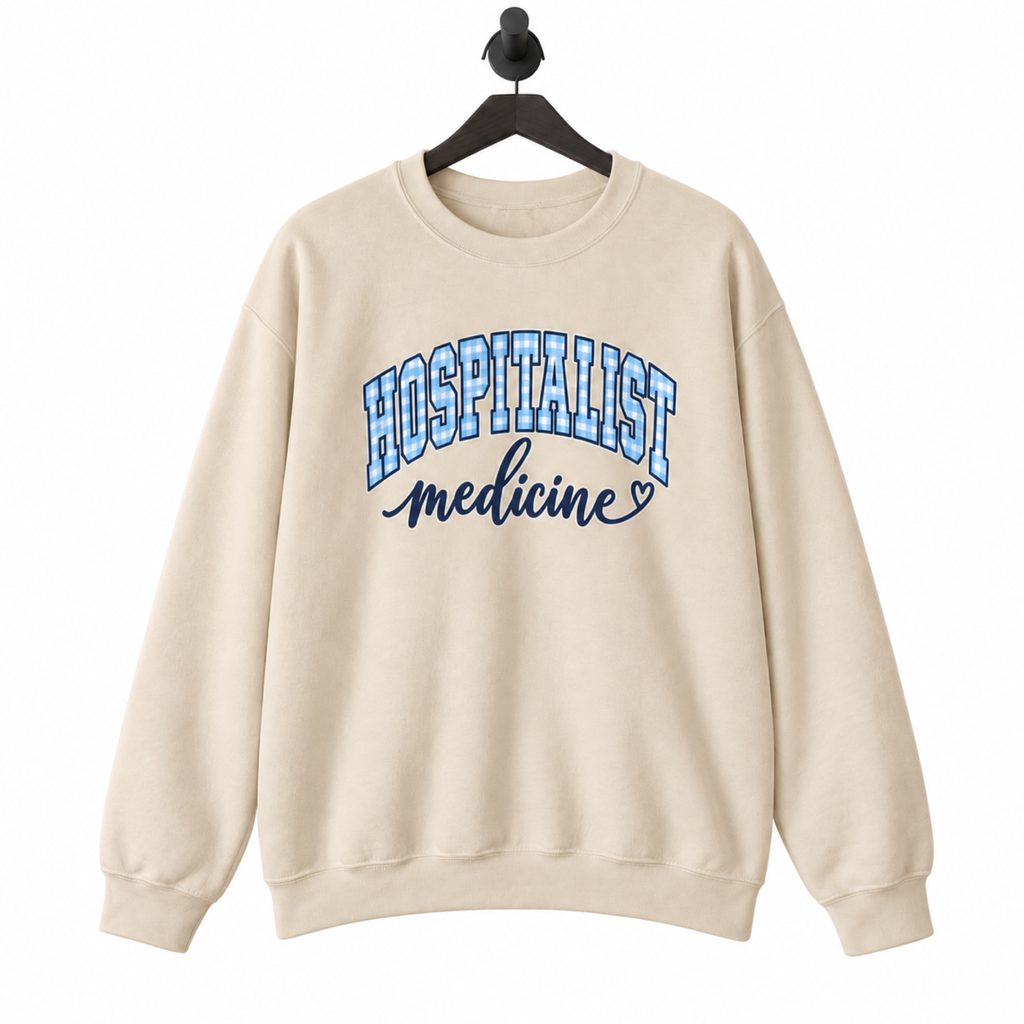 Hospitalist Gingham Sweatshirt on a hanger against a pure white background