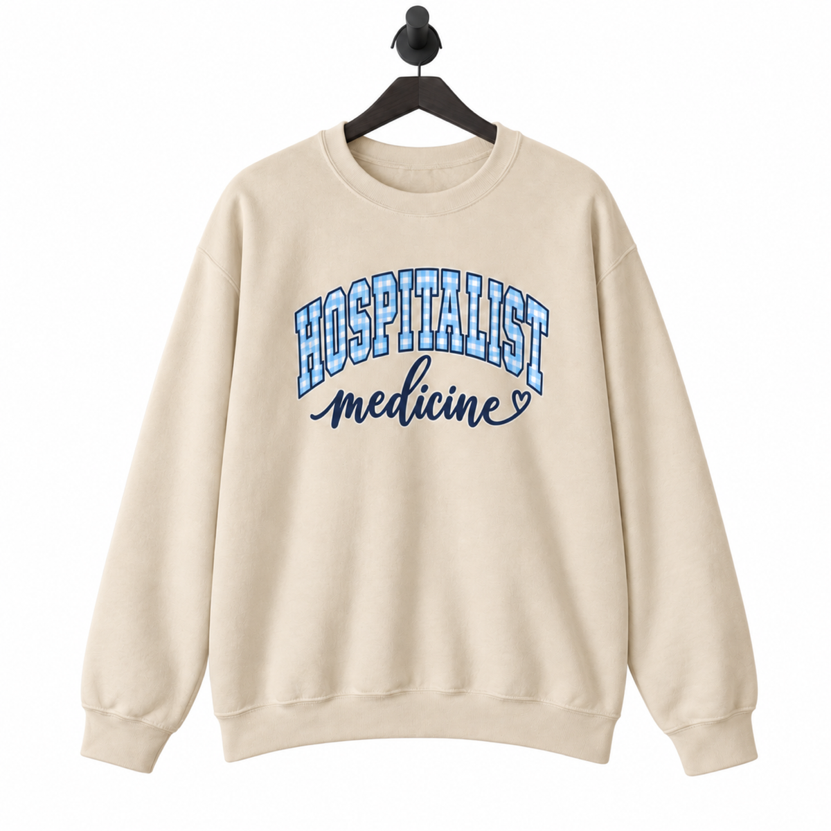 Hospitalist Gingham Sweatshirt on a hanger against a pure white background