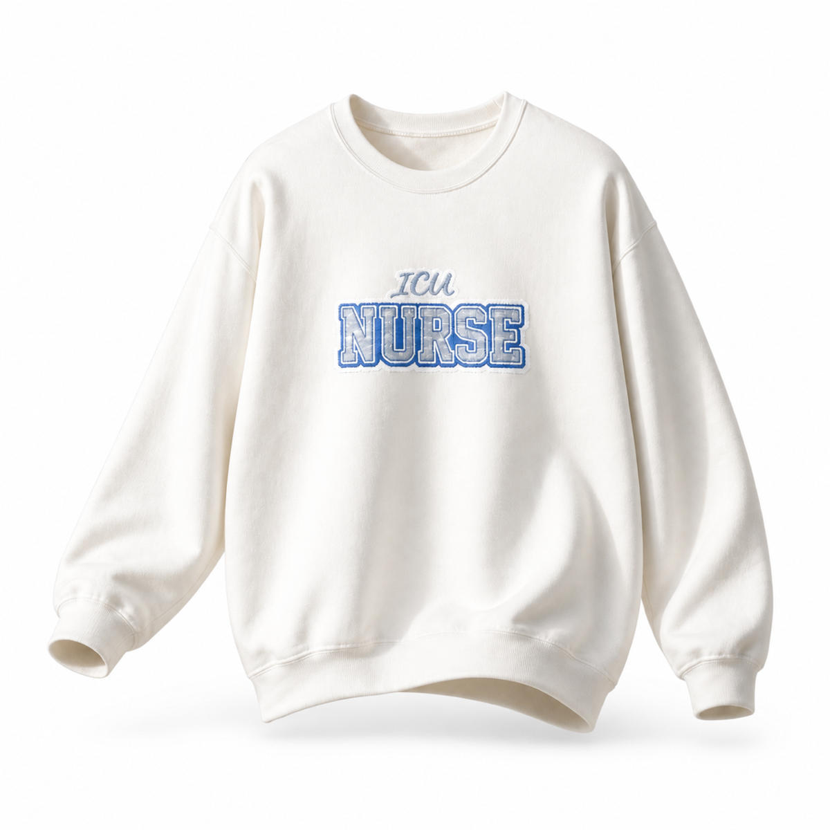 White ICU Nurse embroidered sweatshirt hero on a white background