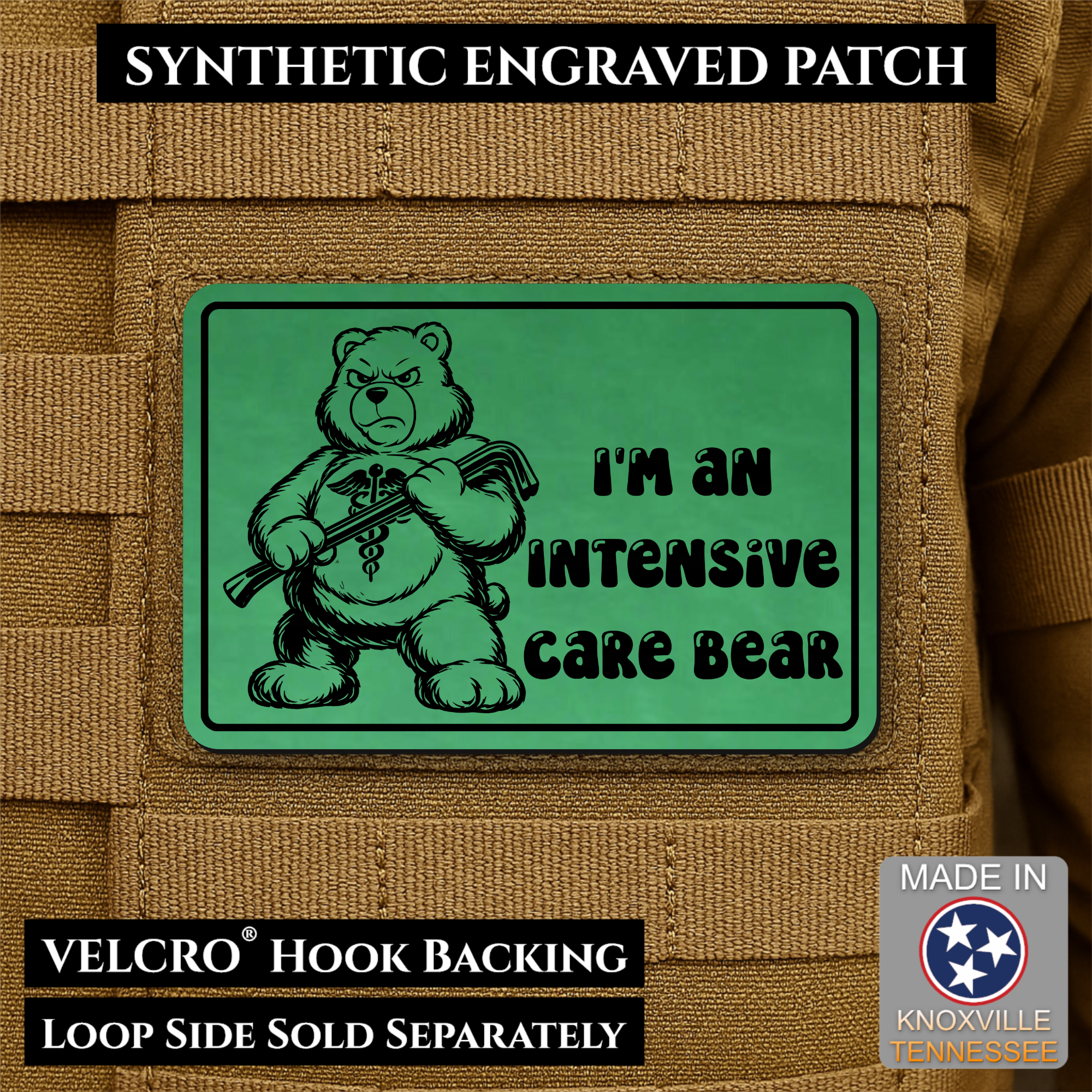Intensive Care Bear  Funny Nurse Medic Morale Patch | Made in USA | VELCRO® Brand Hook Backing