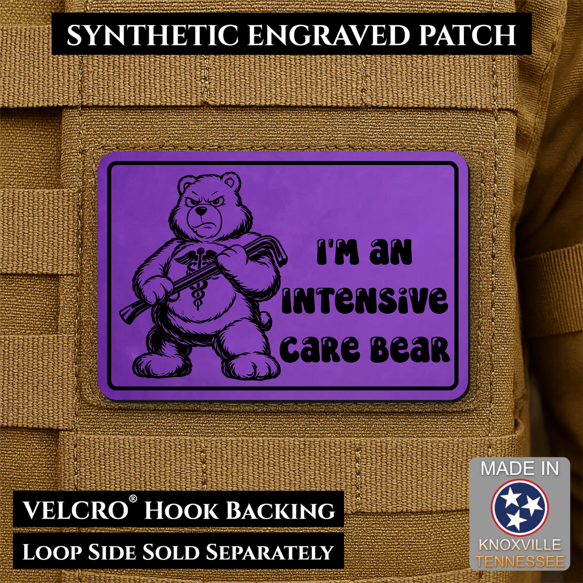 Intensive Care Bear  Funny Nurse Medic Morale Patch | Made in USA | VELCRO® Brand Hook Backing
