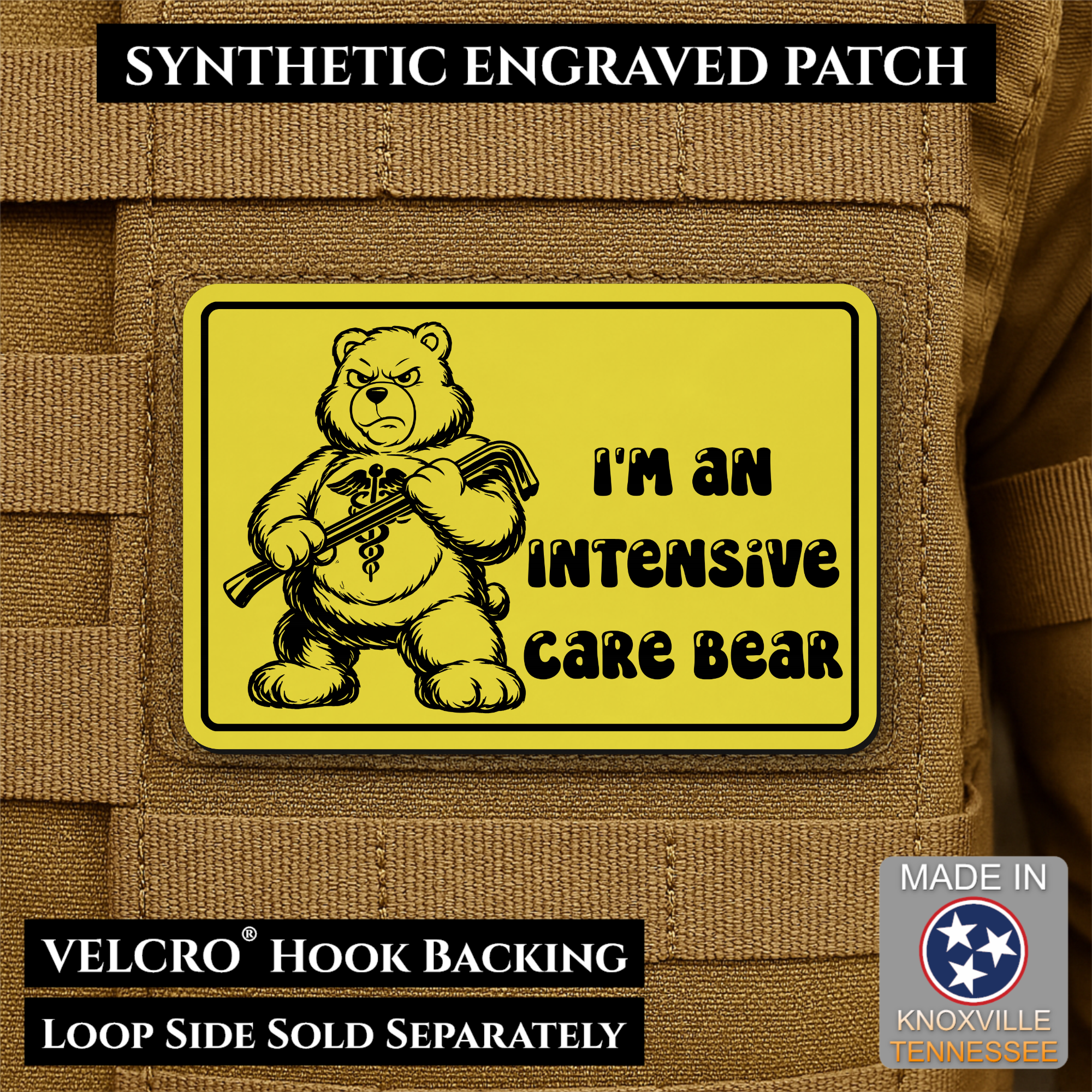 Intensive Care Bear  Funny Nurse Medic Morale Patch | Made in USA | VELCRO® Brand Hook Backing