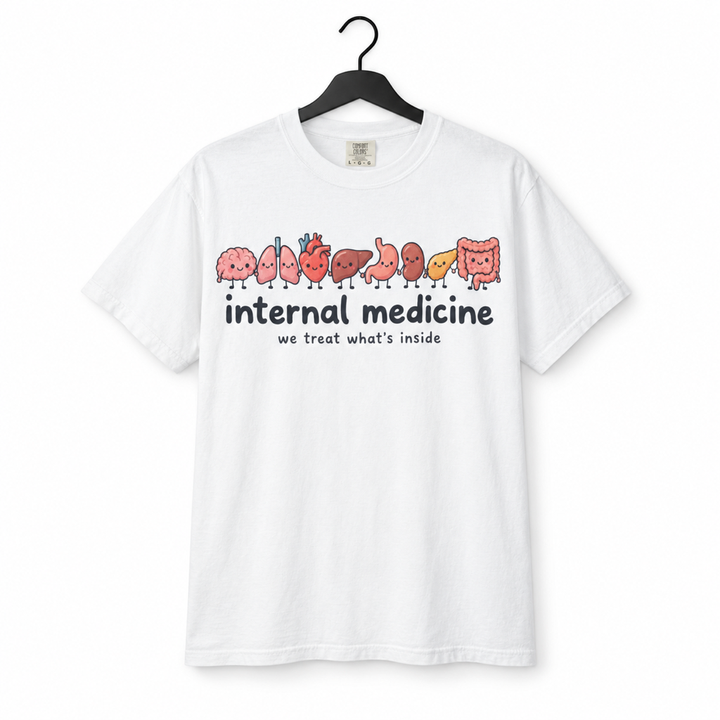 White Internal Medicine shirt on hanger against white
