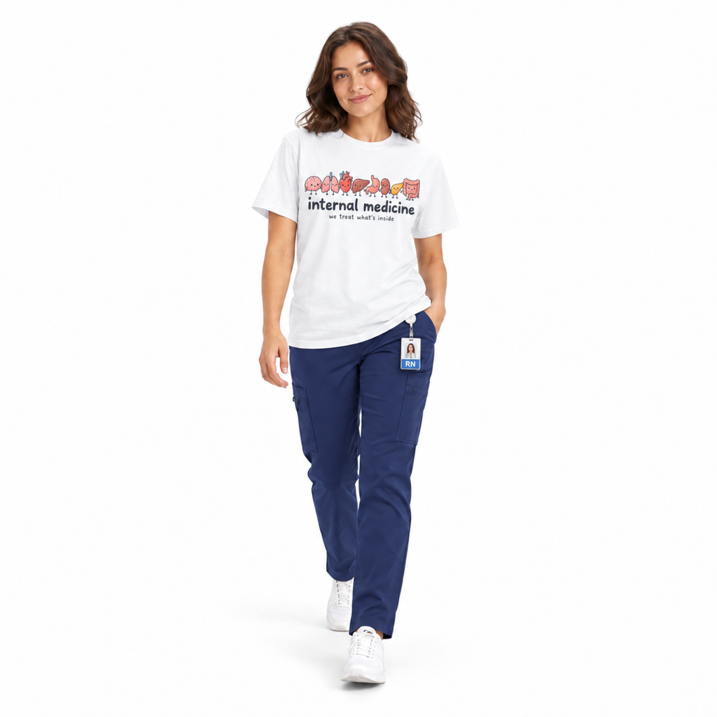 White Internal Medicine shirt worn by clinician in navy scrub pants against white