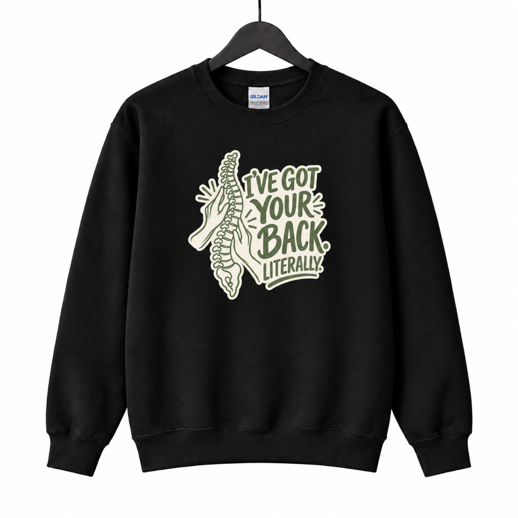 I've Got Your Back Literally black sweatshirt on hanger on white with print scale matched to native front