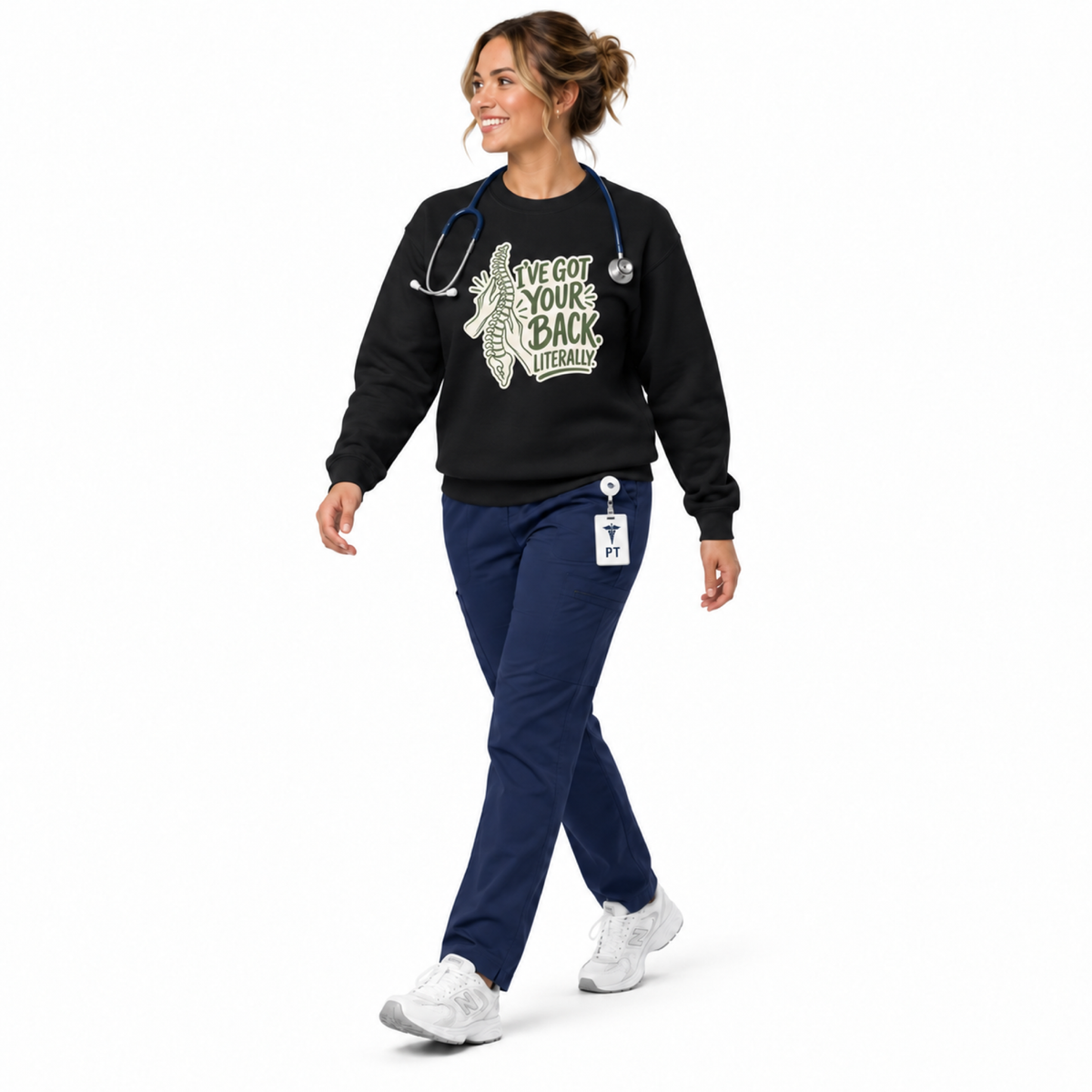 I've Got Your Back Literally black sweatshirt worn by walking clinician in scrubs on white with print scale matched to native front