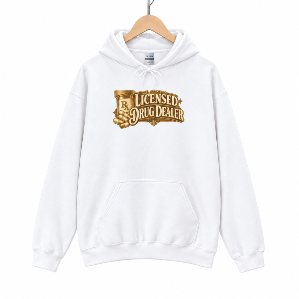 licensed drug dealer hoodie on a hanger against a white background