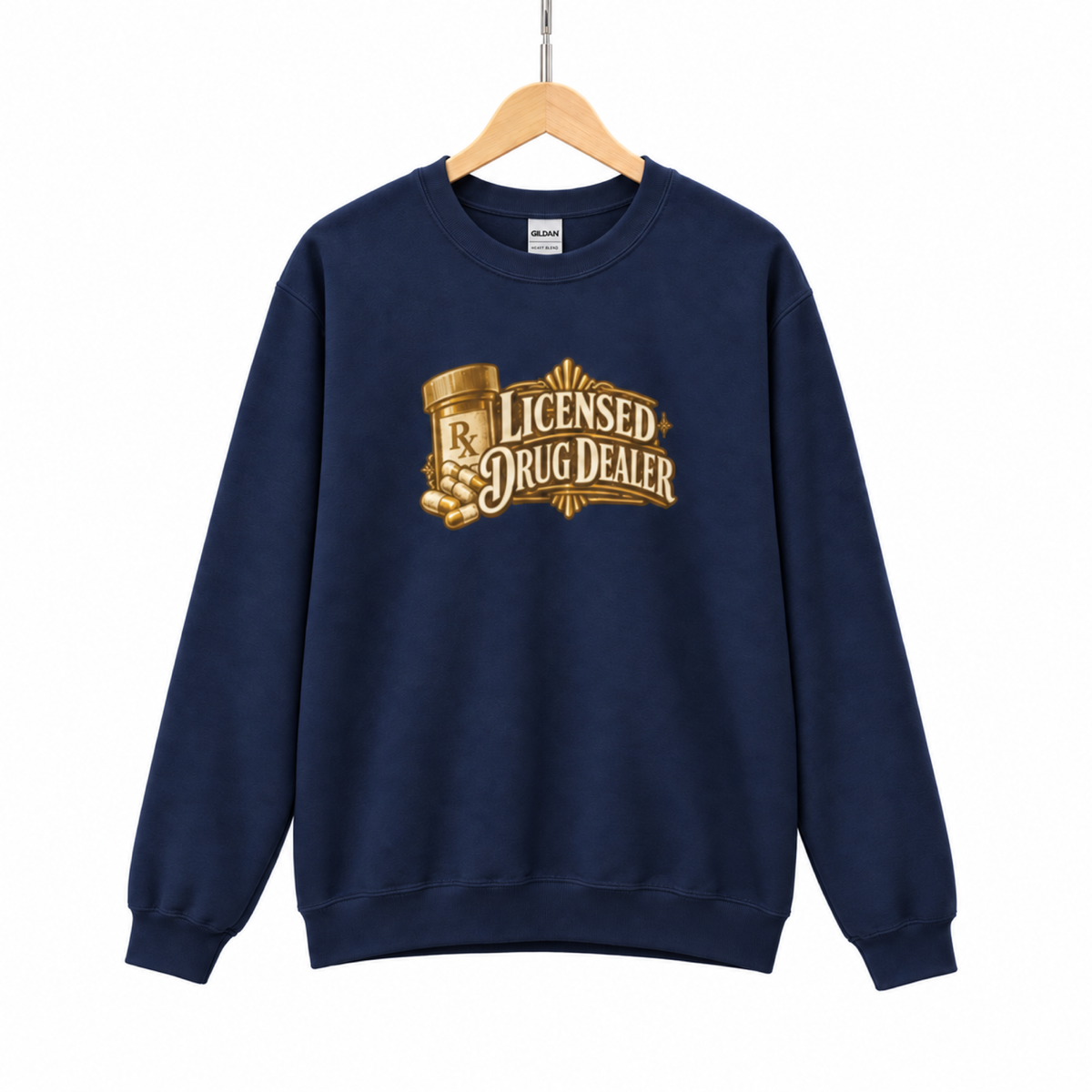 licensed drug dealer sweatshirt on a hanger against a white background