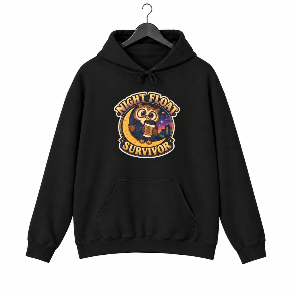 Night Float Survivor Hoodie on a hanger against a white background