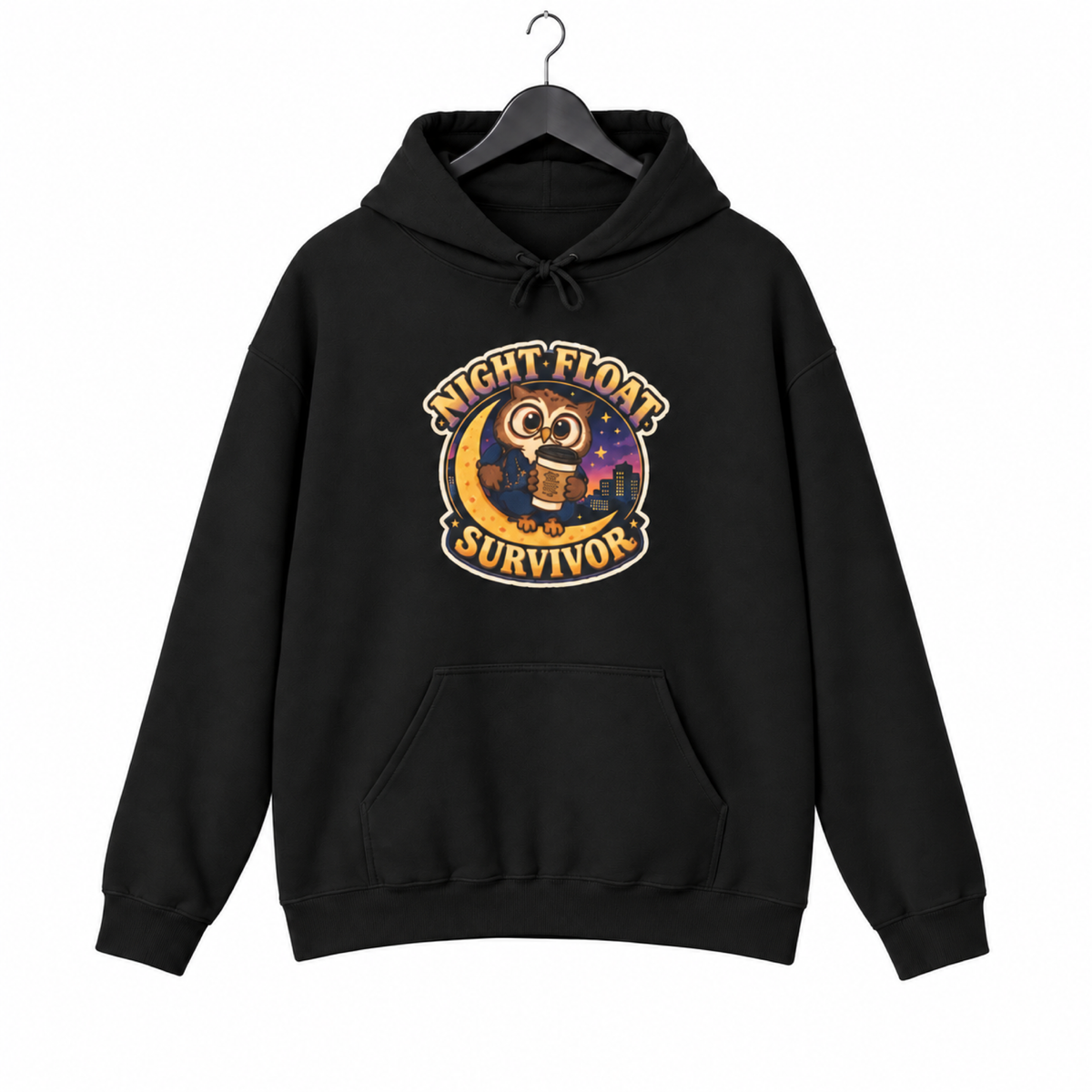 Night Float Survivor Hoodie on a hanger against a white background