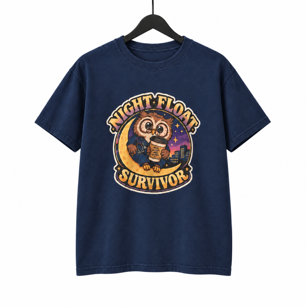 Night Float Survivor Shirt on a hanger against a white background