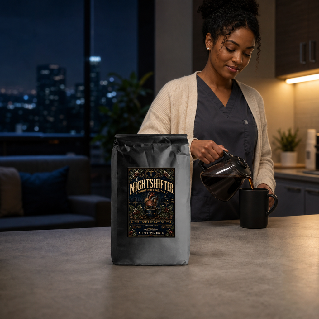 Nightshifter Italian Roast coffee in a night-shift clinician lounge