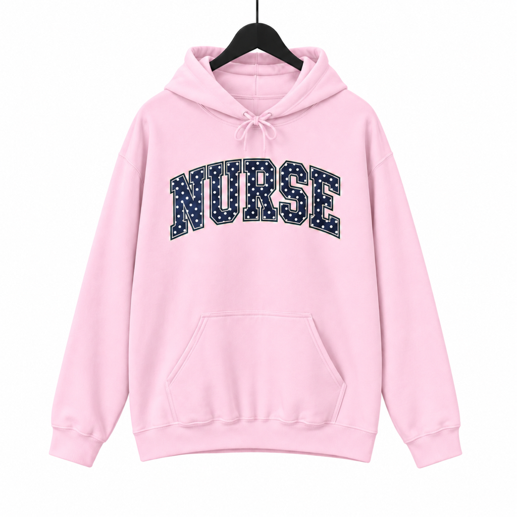 Nurse Polka Dot Varsity hoodie on hanger against a pure white background