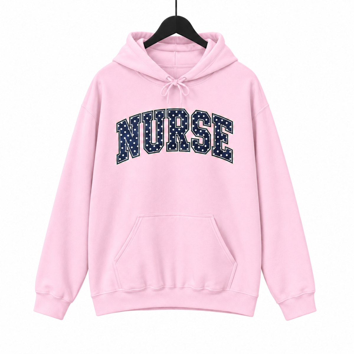 Nurse Polka Dot Varsity hoodie on hanger against a pure white background