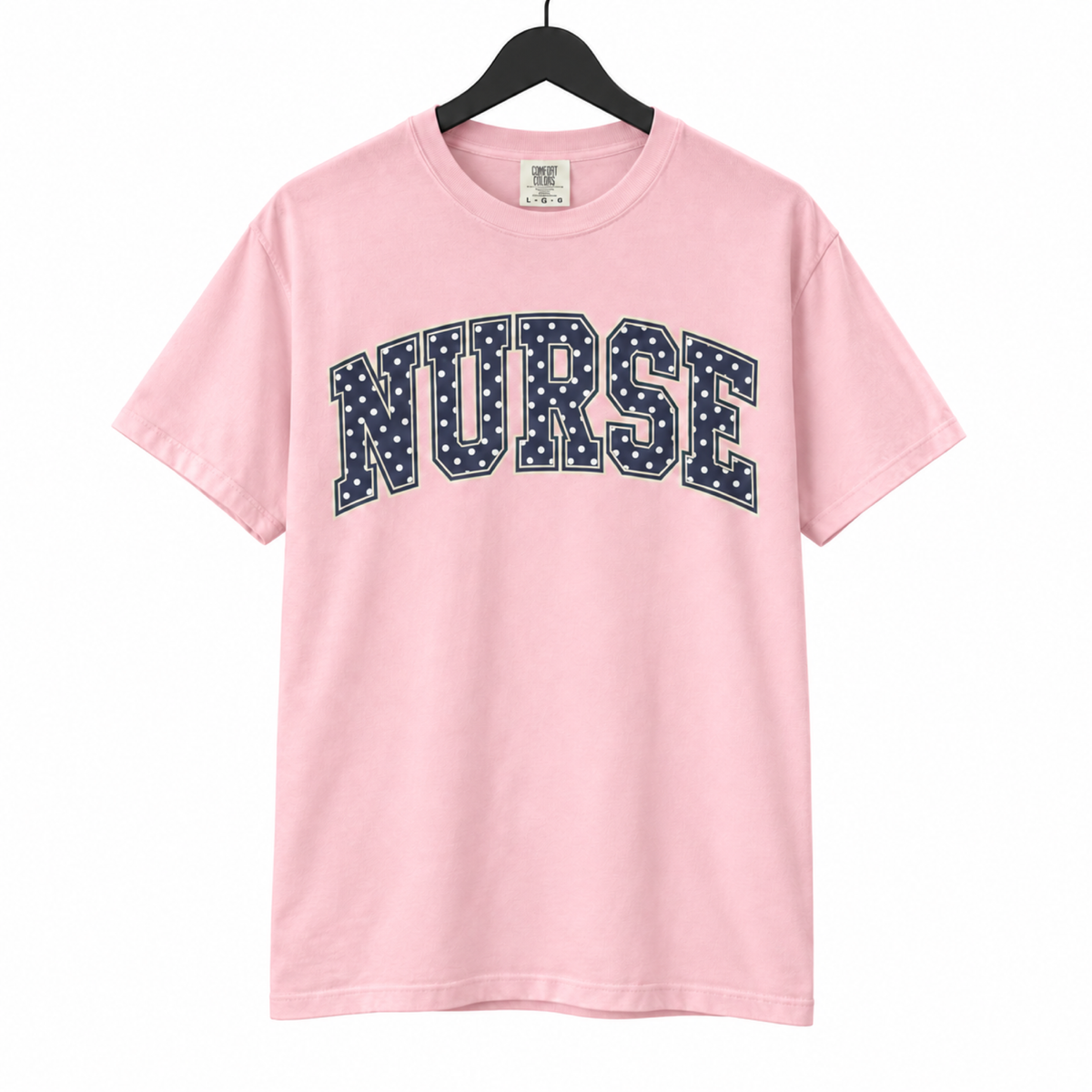 Nurse Polka Dot Varsity shirt on hanger against a pure white background