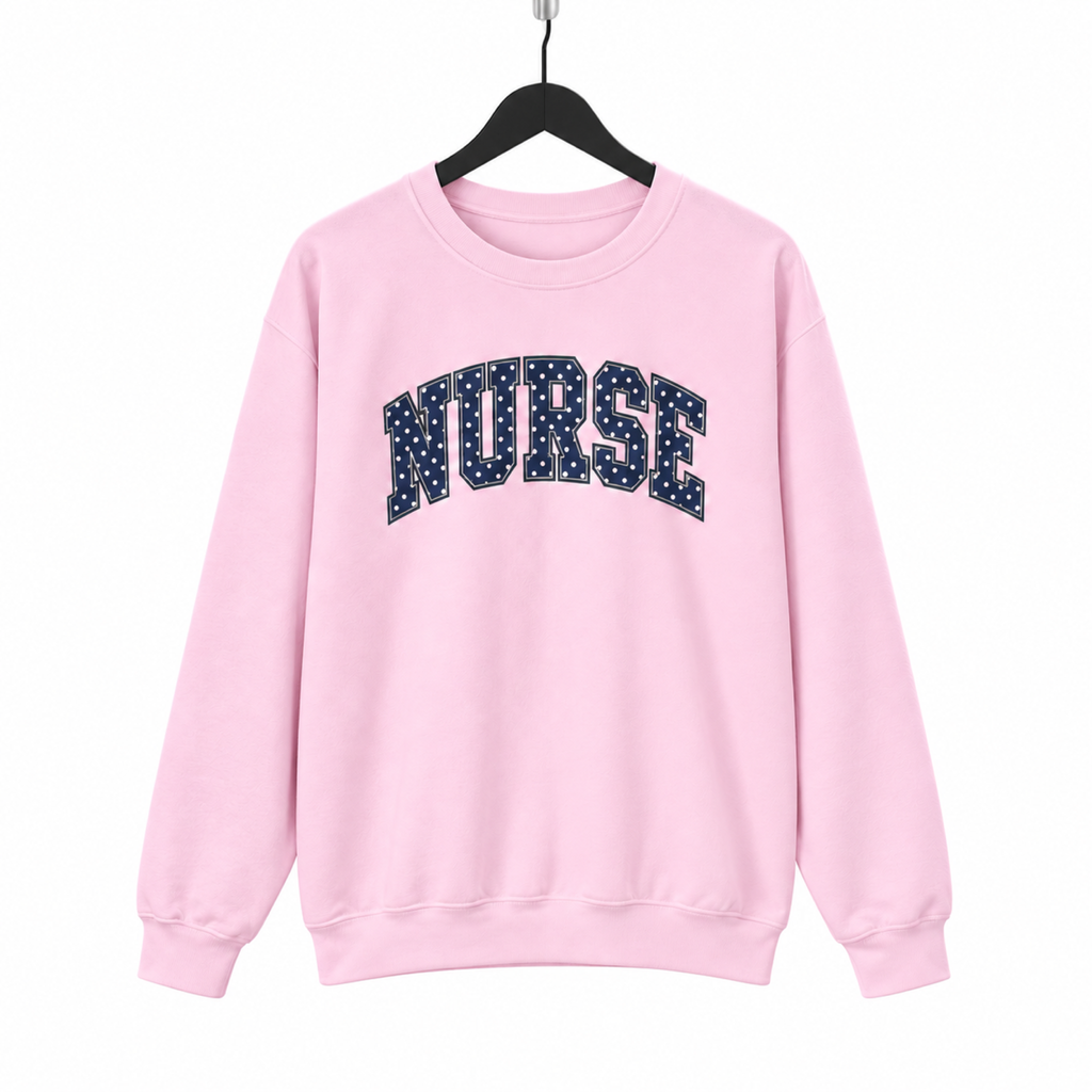 Nurse Polka Dot Varsity sweatshirt on hanger against a pure white background