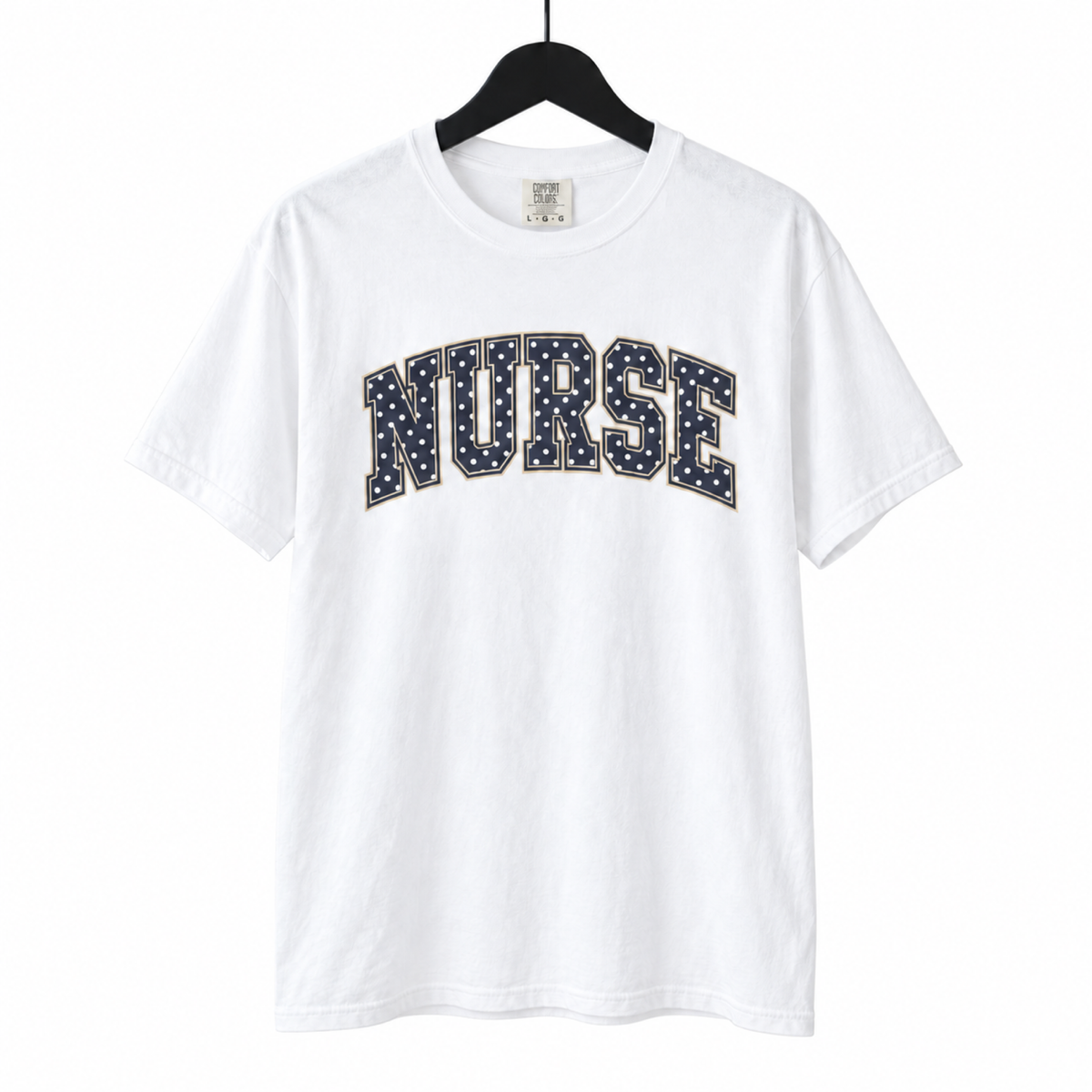 Nurse Varsity Shirt on a hanger against a pure white background