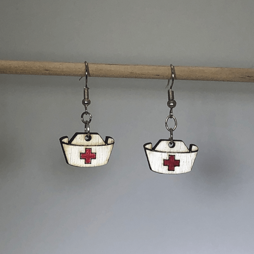 Nurse Hat Wooden Dangle Earrings | Medical Jewelry Gift