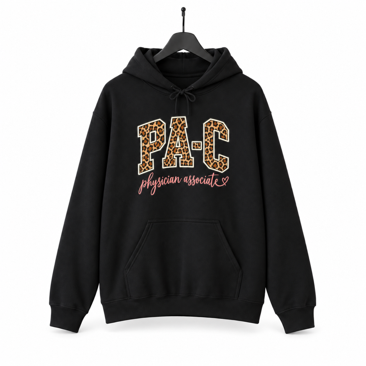 PA-C Leopard Hoodie on hanger against white background