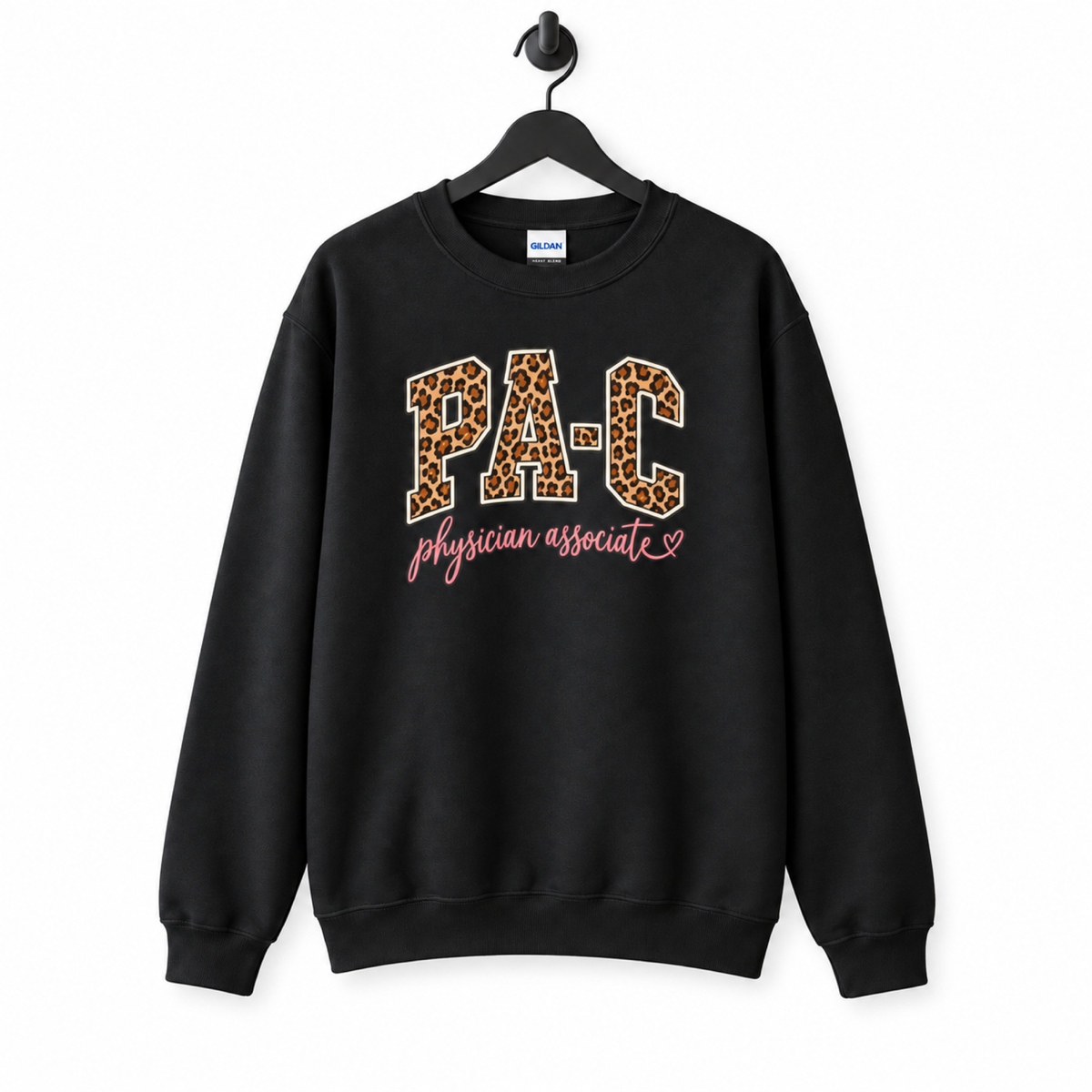 PA-C Leopard Sweatshirt on hanger against white background