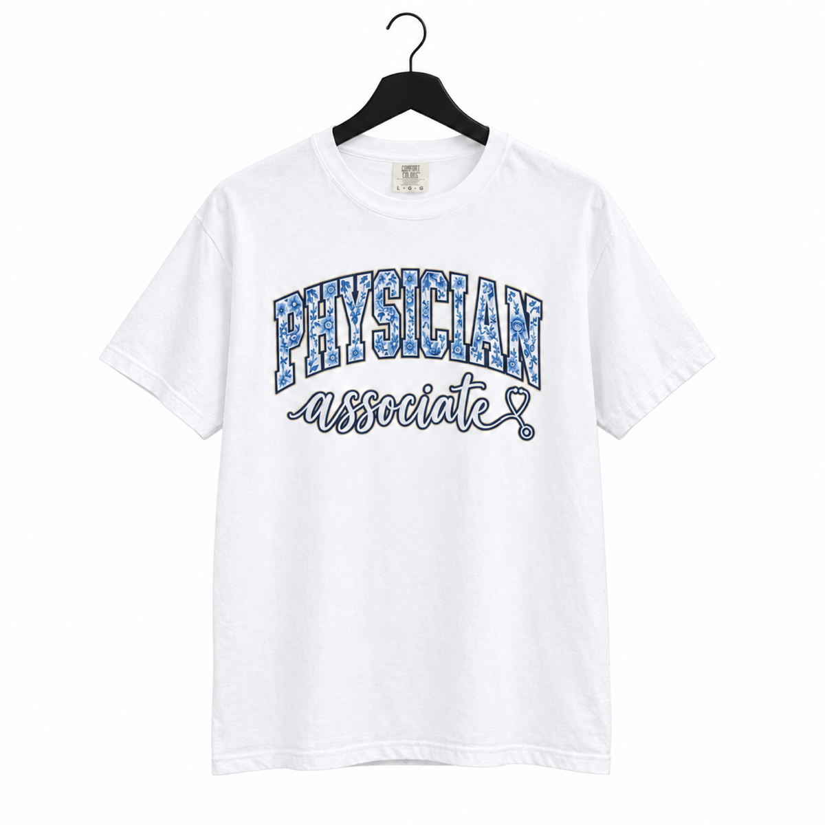Physician Associate Varsity Shirt on a hanger against a pure white background