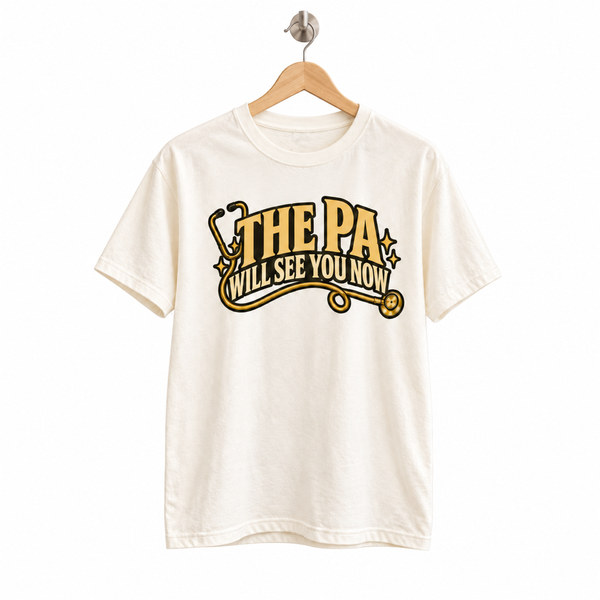 The PA Will See You Now Shirt on a hanger against a white background