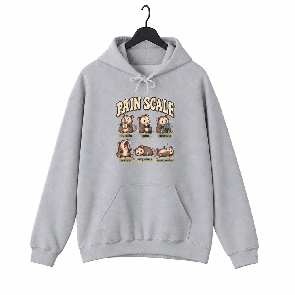 Pain Scale Opossum Hoodie on a hanger against a pure white background