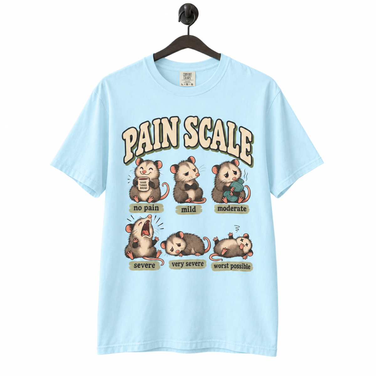 Pain Scale Opossum Shirt on a hanger against a pure white background
