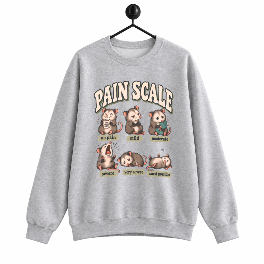Pain Scale Opossum Sweatshirt on a hanger against a pure white background