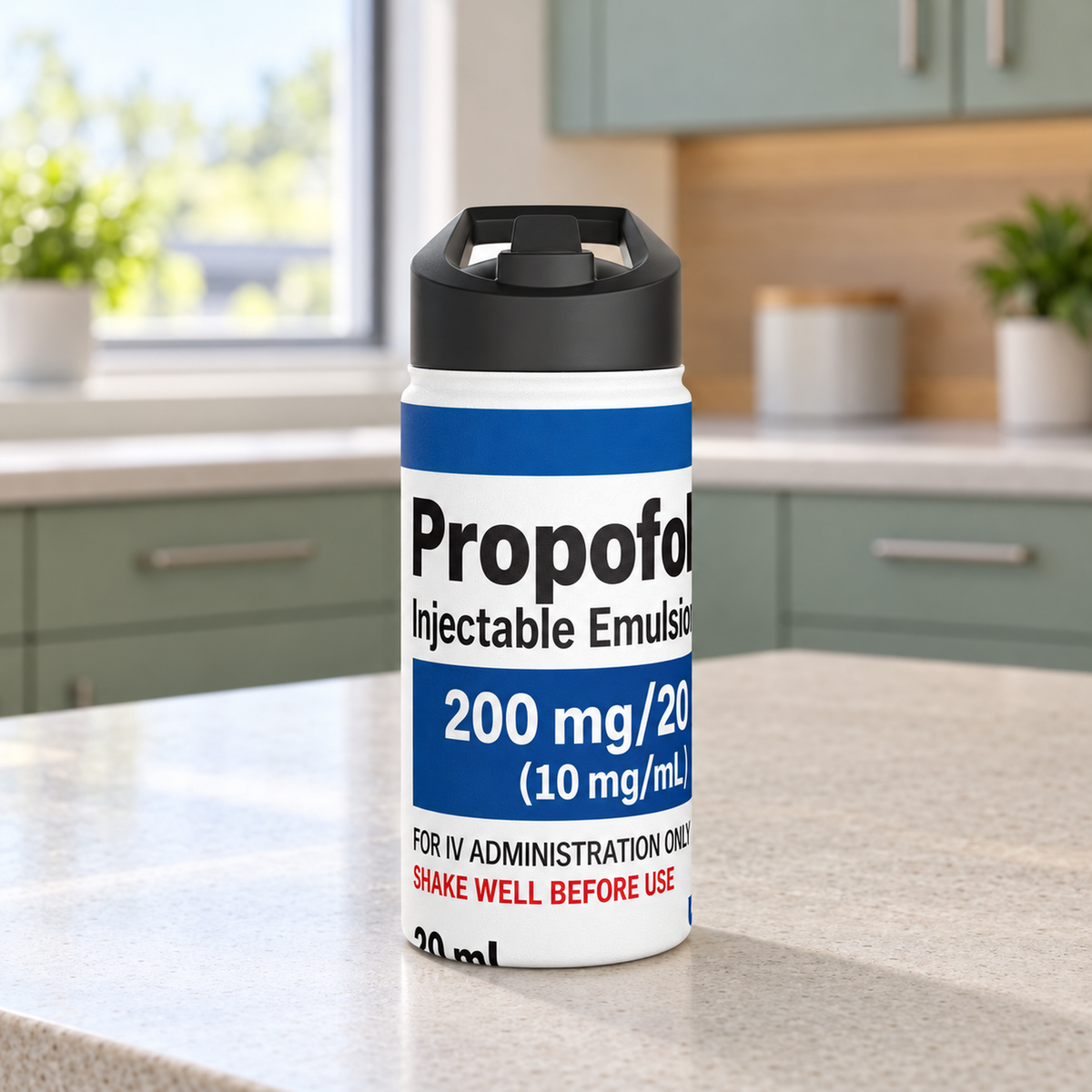 Propofol Medication Label Water Bottle — product in warm setting