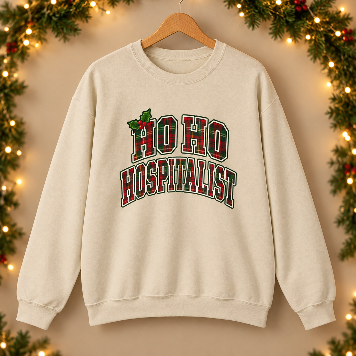 Ho Ho Hospitalist Plaid Sweatshirt in Sand — product in warm setting