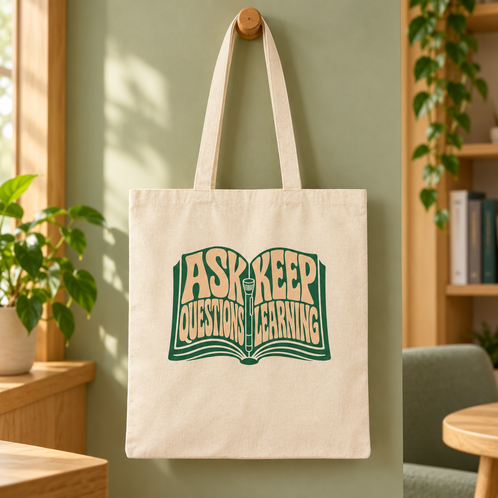 Ask Questions Keep Learning Canvas Tote Bag, Medical Student Book Bag in Natural — product in warm setting