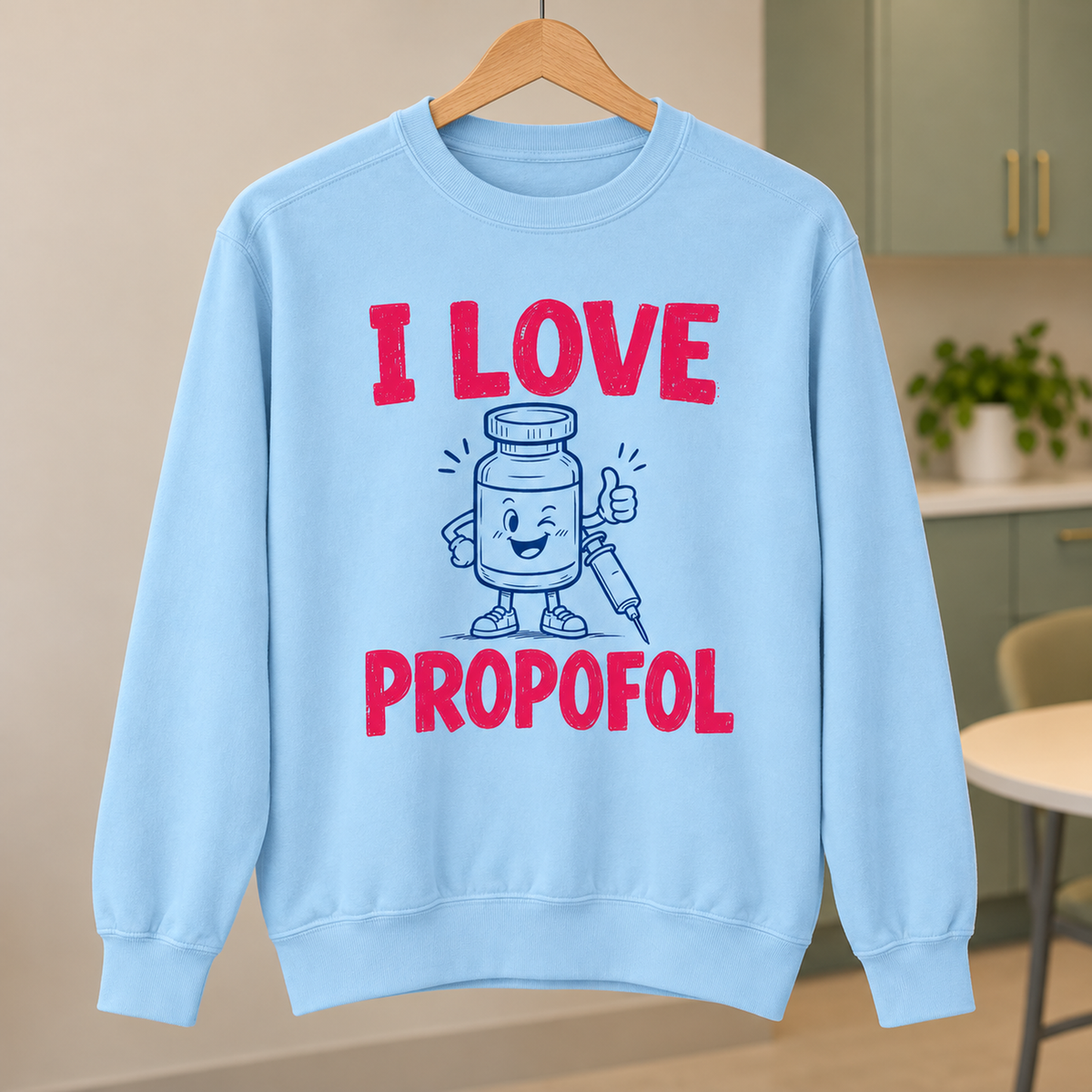 I Love Propofol Sweatshirt, Comfort Colors Anesthesia Crewneck in Chambray — product in warm setting