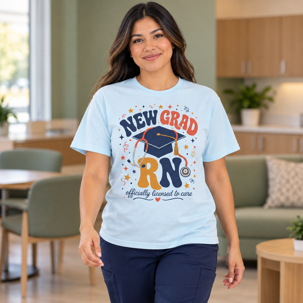 New Grad RN Shirt, Comfort Colors Tee in Chambray — model in warm medical setting