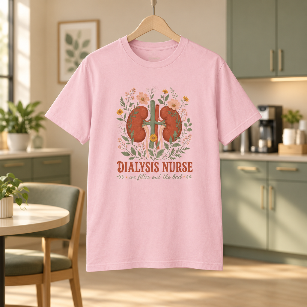 Dialysis Nurse Shirt, Floral Kidney Comfort Colors Tee in Blossom — product in warm setting