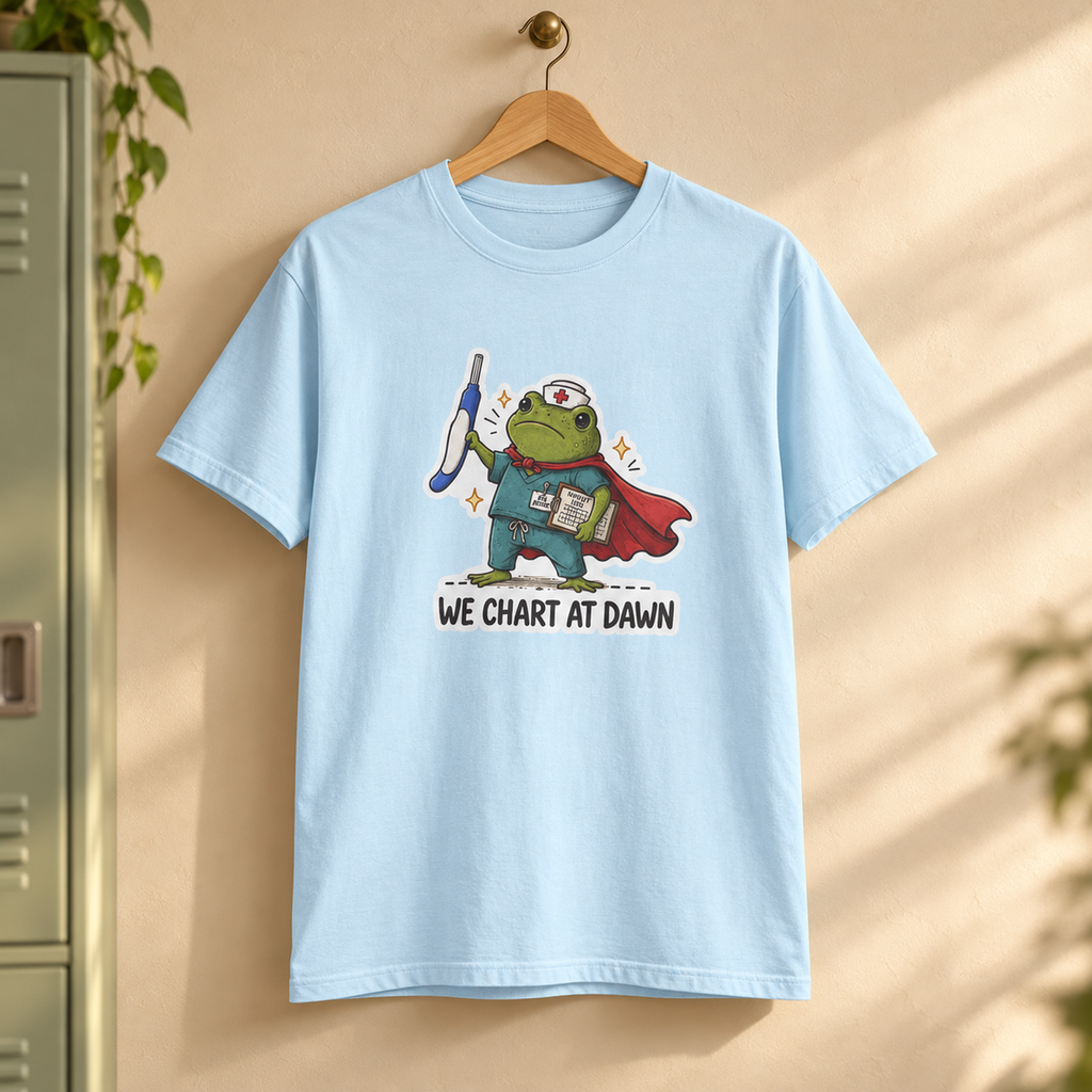 We Chart at Dawn Frog Shirt in Chambray — product in warm staff lounge