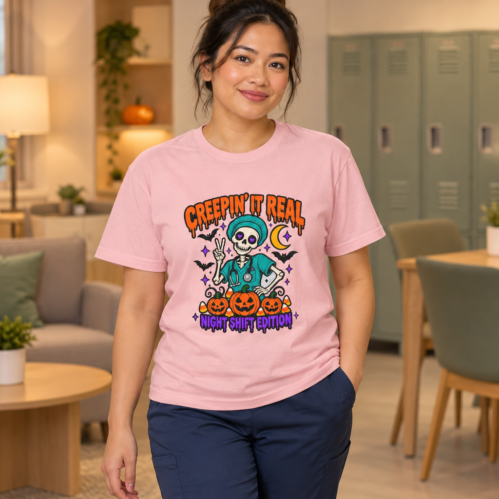 Creepin' It Real Night Shift Shirt in Blossom — model wearing medical scrubs