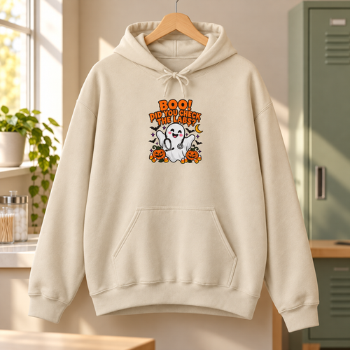 Boo! Did You Check the Labs? Hoodie in Sand — garment in warm staff lounge
