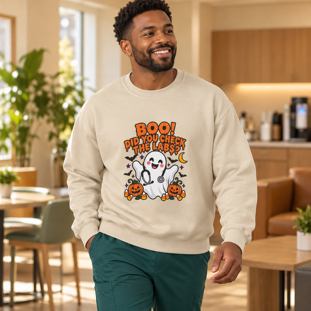 Boo! Did You Check the Labs? Sweatshirt in Sand — model wearing medical scrubs