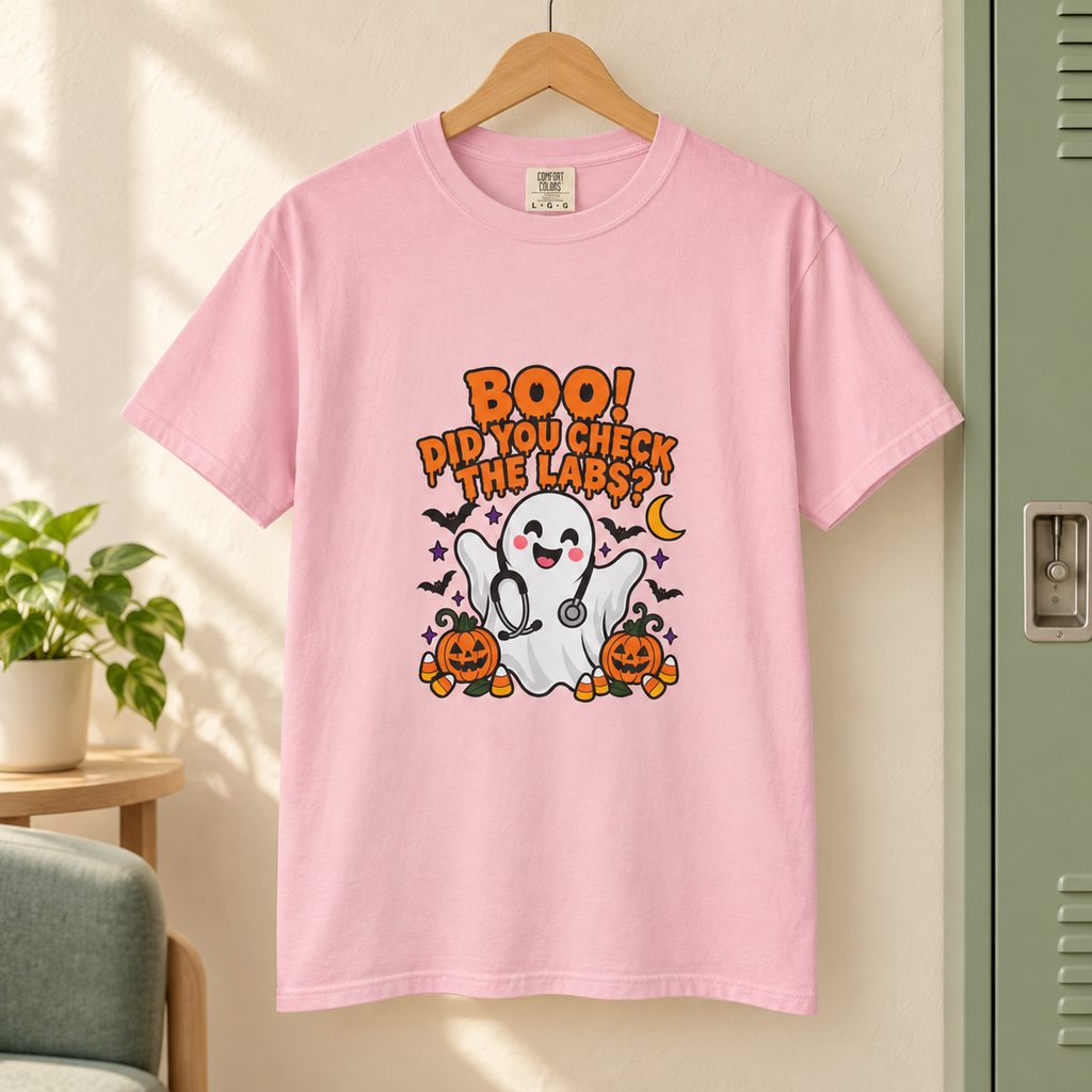 Boo! Did You Check the Labs? Shirt in Blossom — garment in warm staff lounge