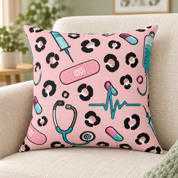 Pink Leopard Stethoscope Throw Pillow