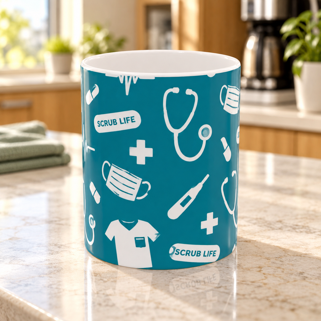 Scrub Life Medical Pattern Mug on a counter in a warm staff lounge