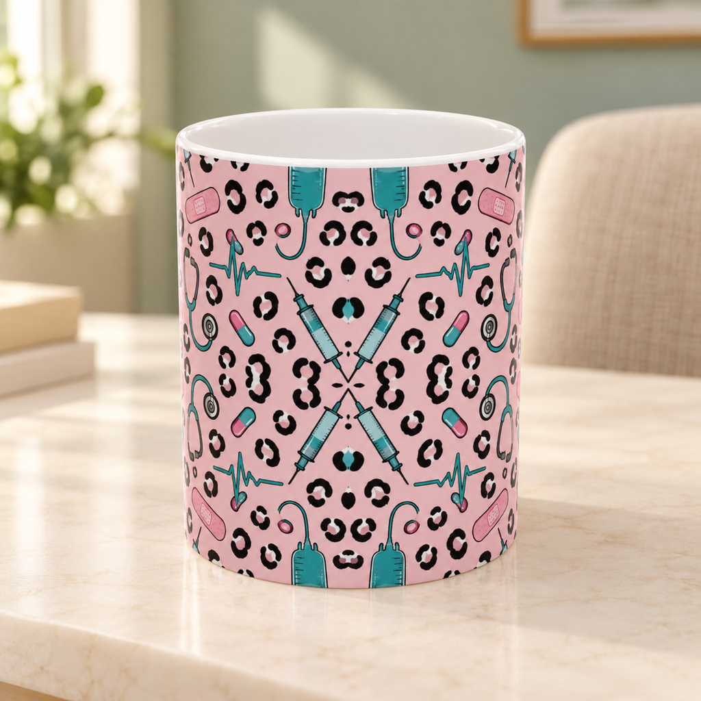 Pink Leopard Stethoscope Mug on a counter in a warm staff lounge