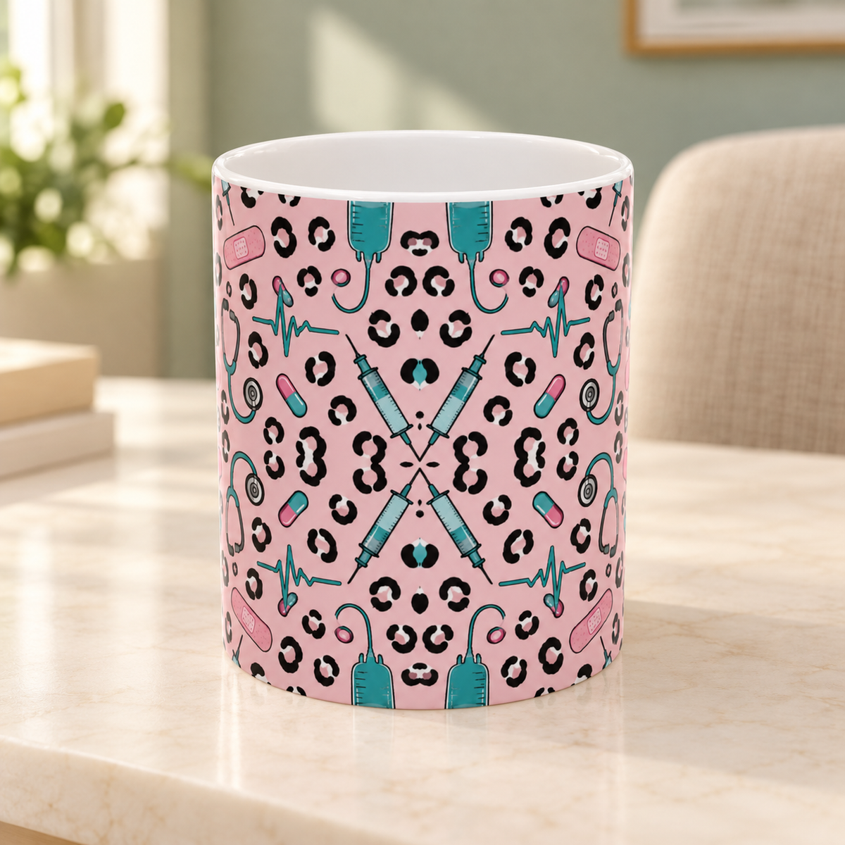 Pink Leopard Stethoscope Mug on a counter in a warm staff lounge