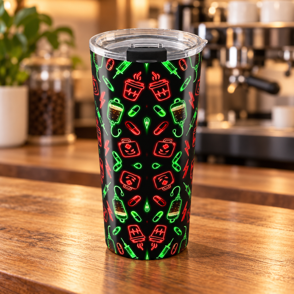 Neon Espresso Pattern Tumbler — product in warm staff lounge