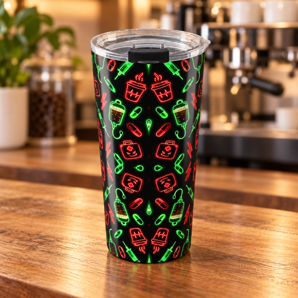 Neon Espresso Pattern Tumbler — product in warm staff lounge