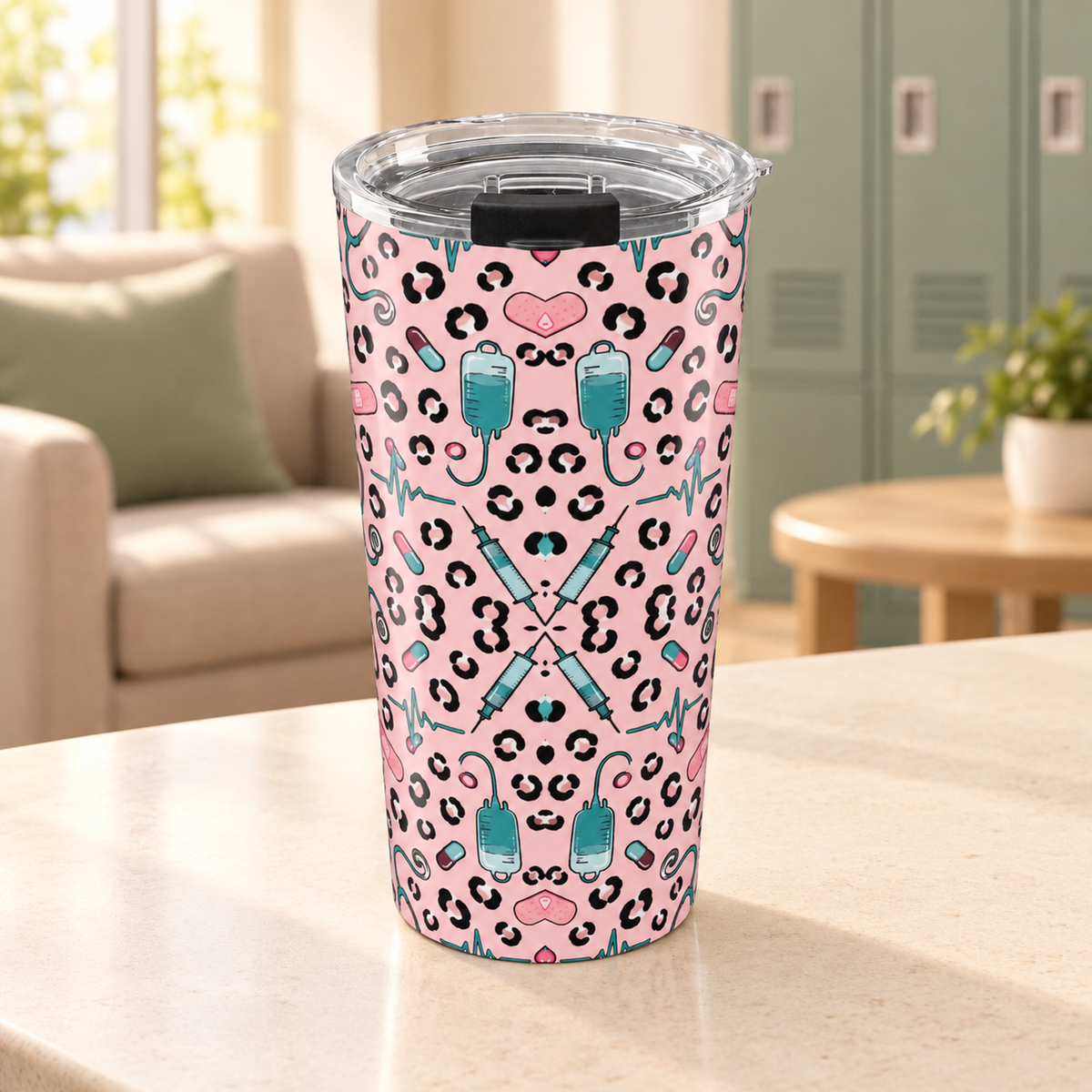 Pink Leopard Stethoscope Tumbler — product in warm staff lounge