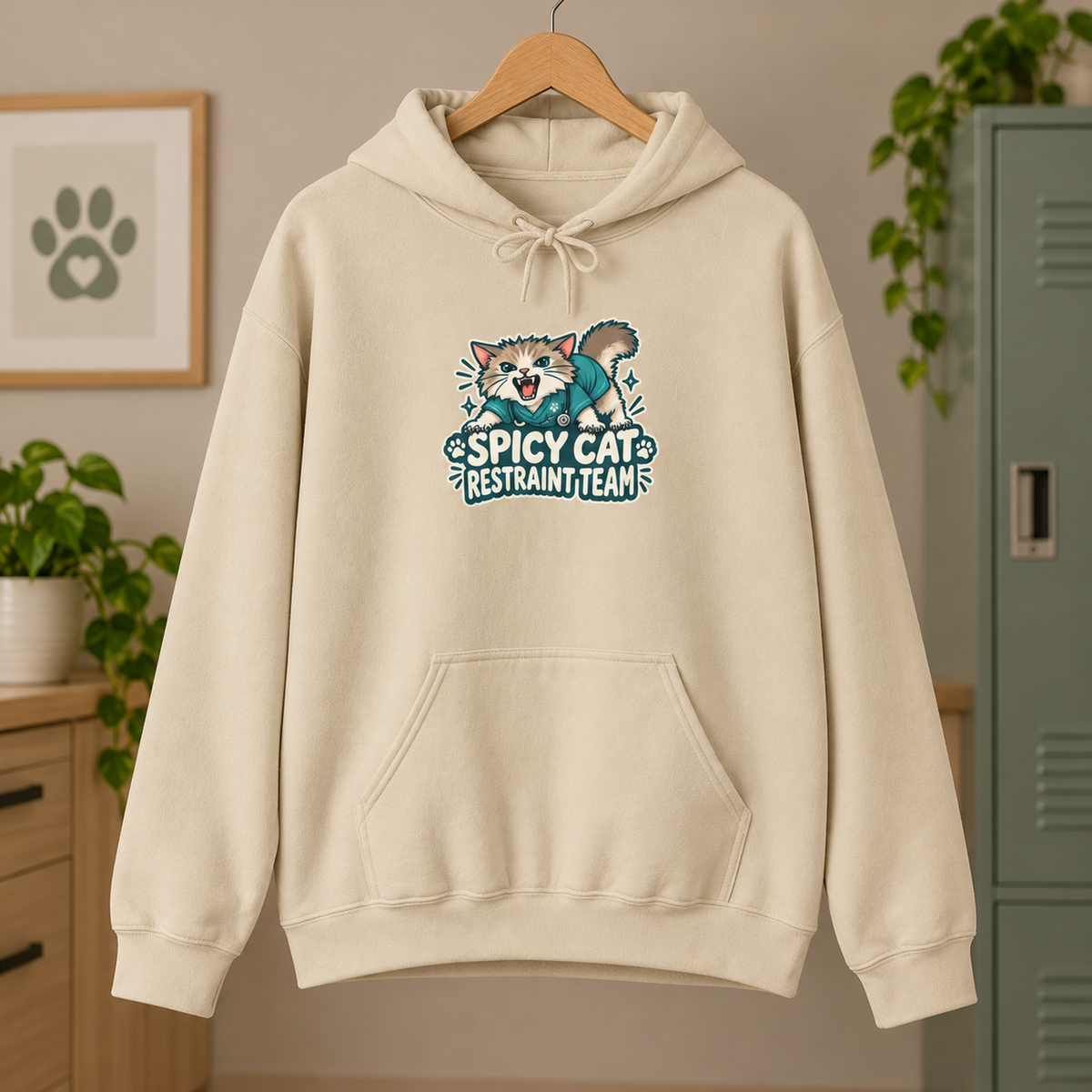 Spicy Cat Restraint Team Hoodie in Sand — product in warm staff lounge